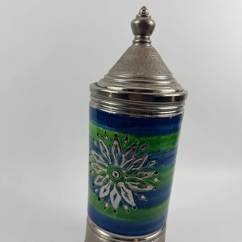 Bitossi Italy‎ Blue Green Sgraffito Sun Canister Jar with Lid HTF